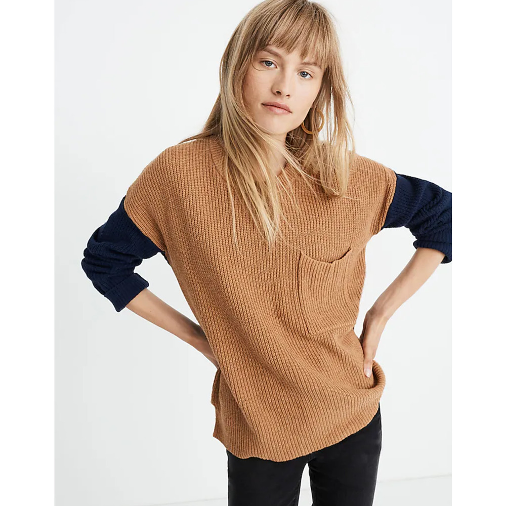 Madewell Thompson Pocket Colorblock Sweater XS Camel Tan Navy Knit Style AC797